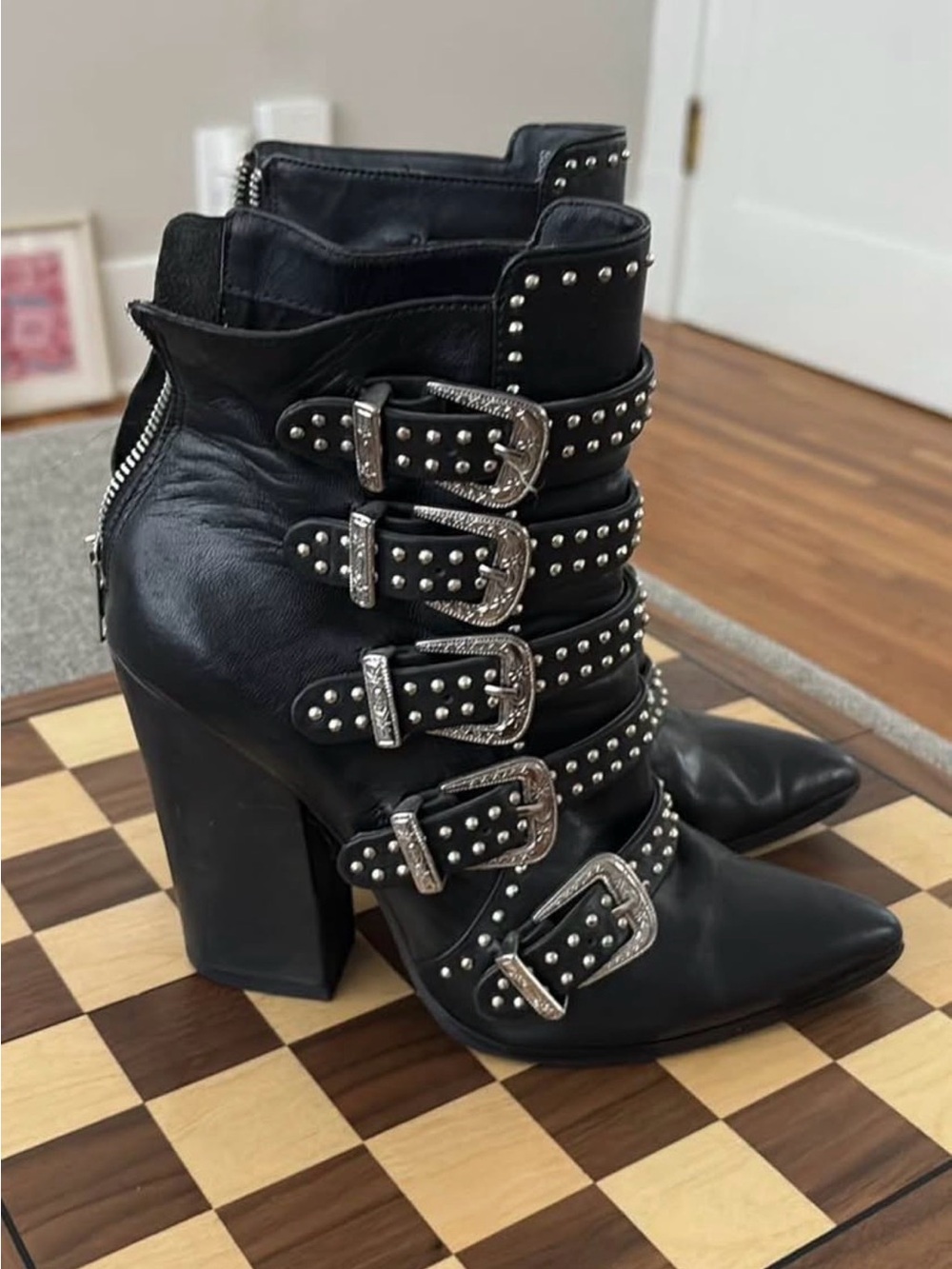 Steve Madden Black Studded Buckle Ankle Boots